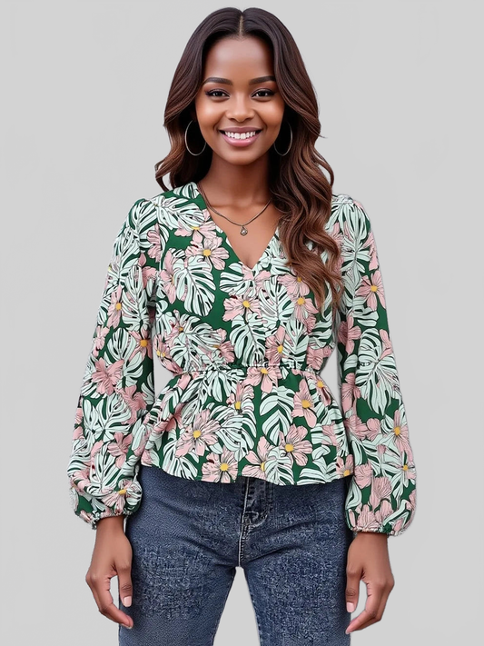 Floral V-Neck Balloon Sleeve Blouse NicholesGifts