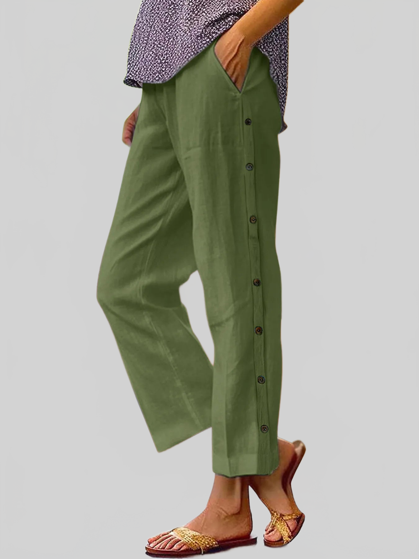 Women Full Size Side Decor Button Casual Wide Leg Pants Plus Size nicholesgifts