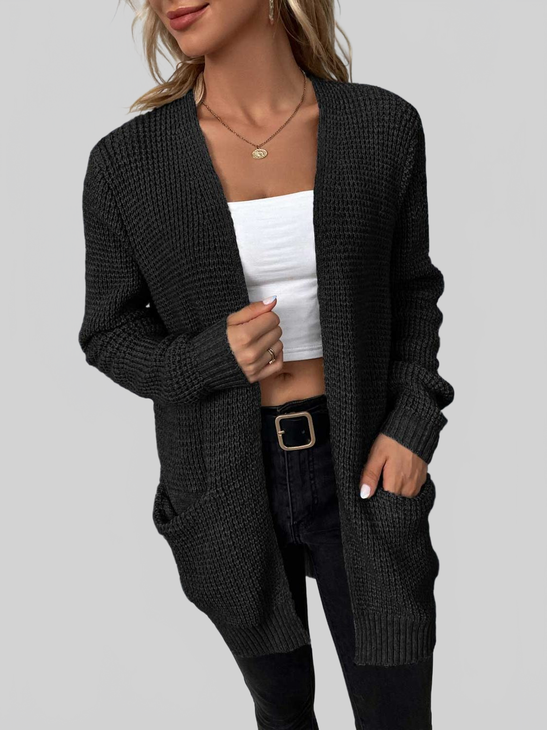 Rib-Knit Open Front Pocketed Cardigan nicholesgifts
