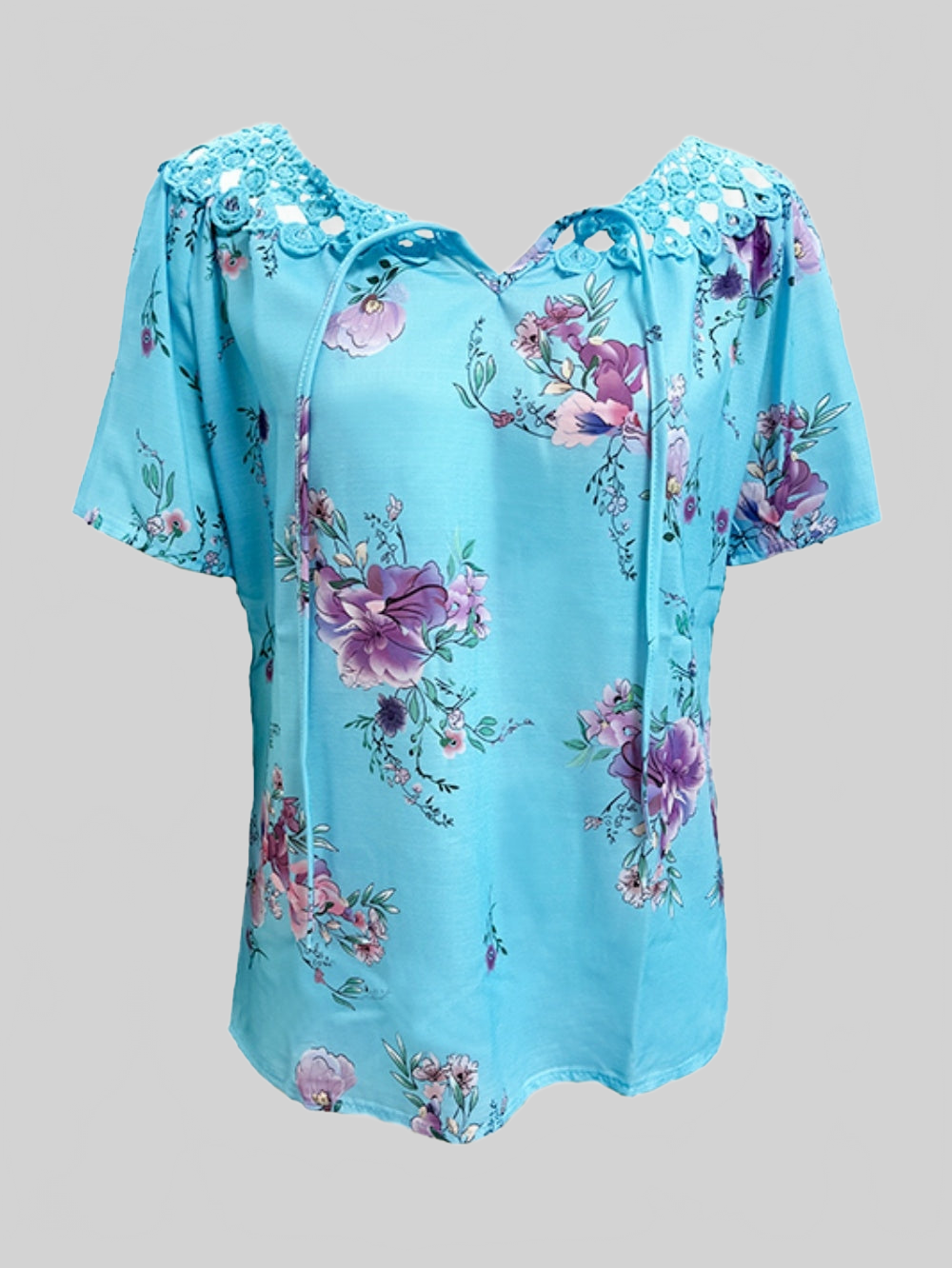 Women Full Size Printed Tie Neck Short Sleeve Blouse nicholesgifts