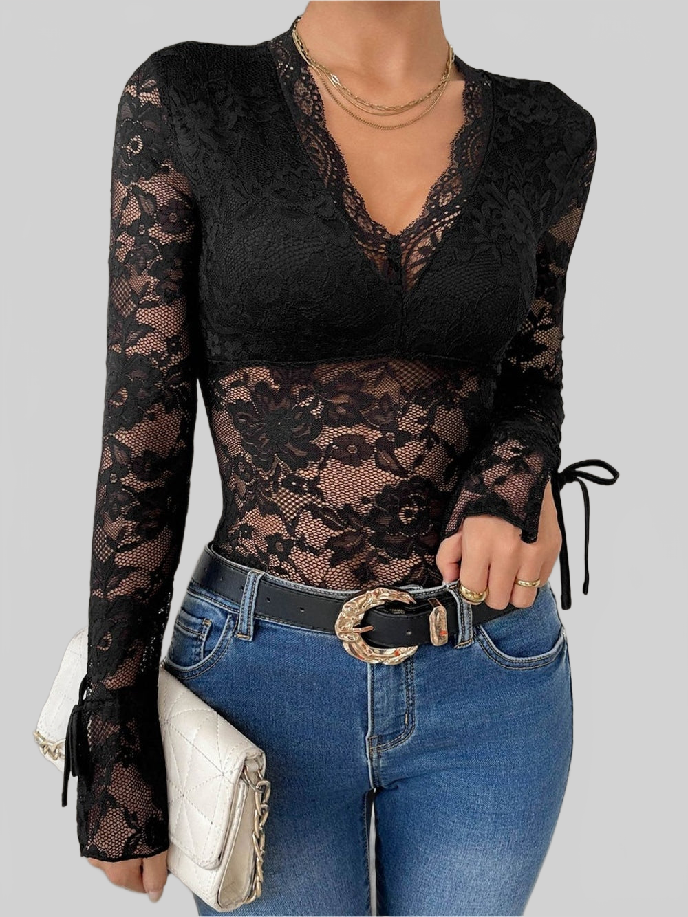 Women Perfect Lace V-Neck Long Sleeve Bodysuit NicholesGifts