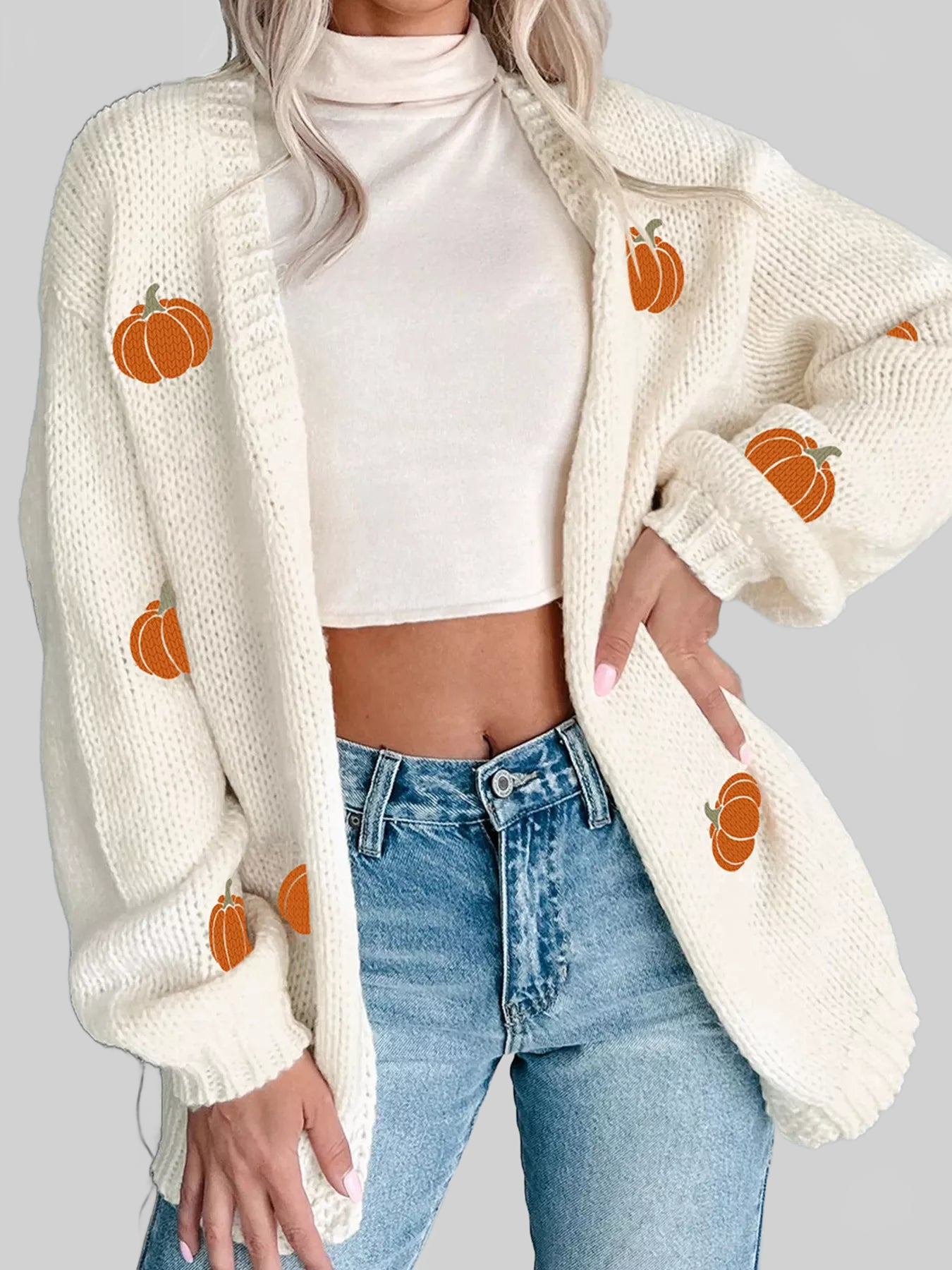 Women Halloween Pumpkin Embroidered Knit Cardigan nicholesgifts