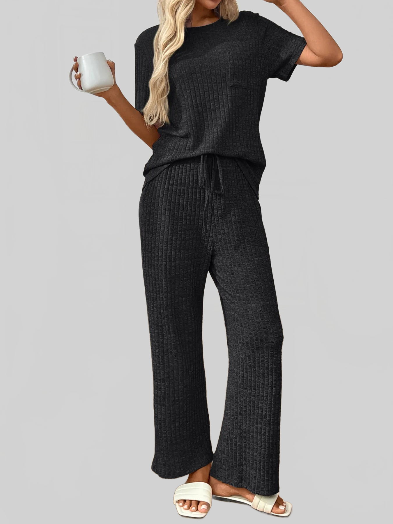 Ribbed Knit Short Sleeve Top and Pants Lounge Set nicholesgifts