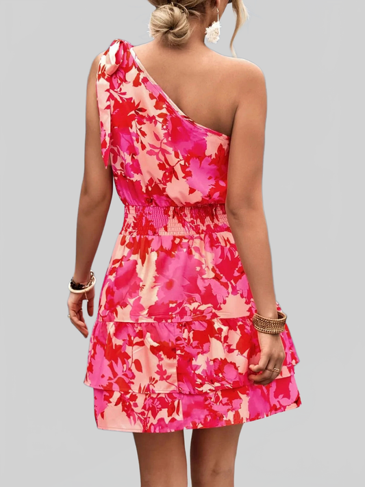 Tied Smocked Printed Single Shoulder Dress NicholesGifts