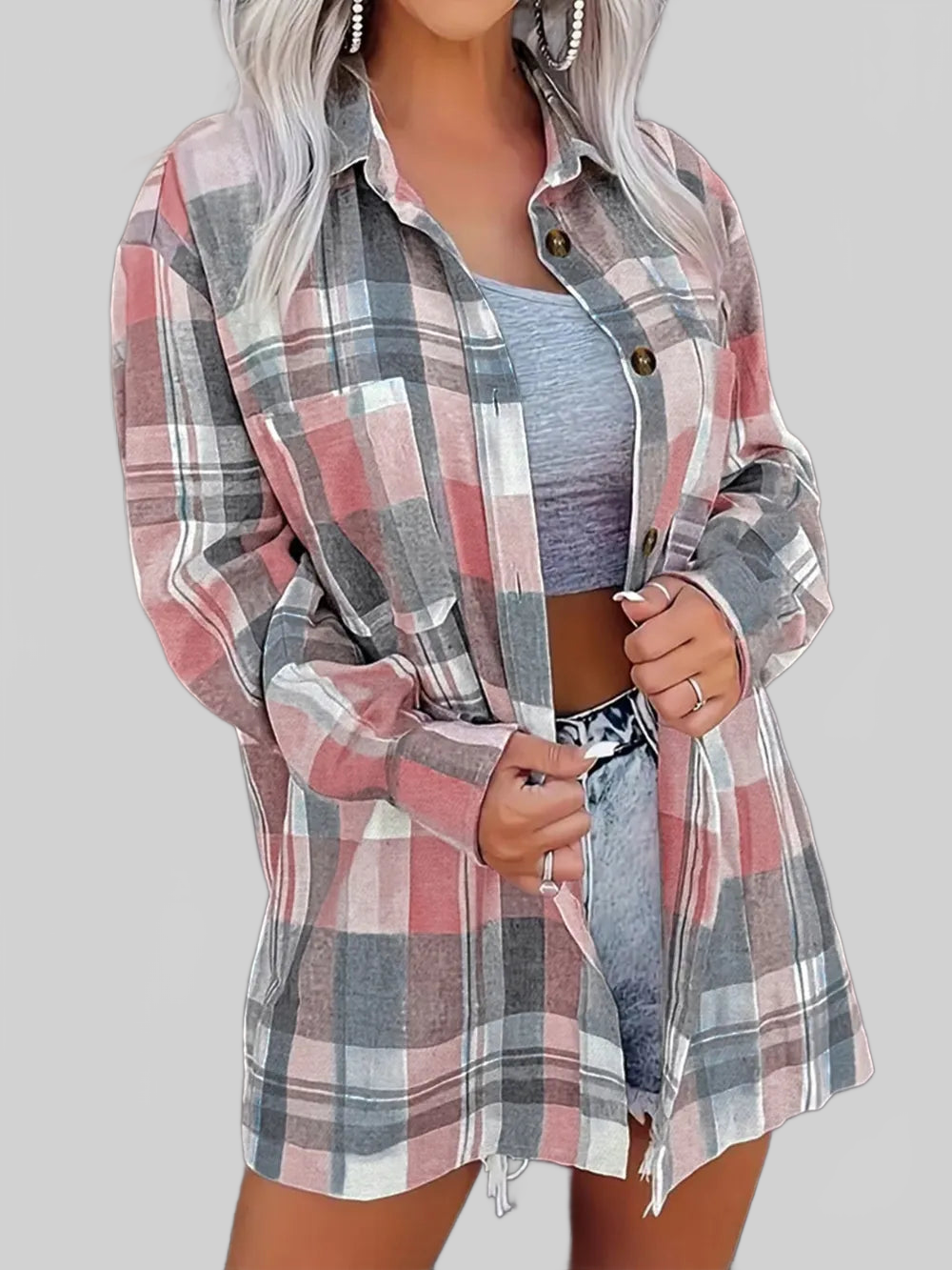 Pocketed Plaid Collared Neck Shacket nicholesgifts