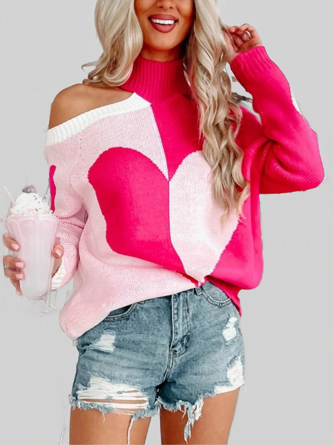Women Valentine's Day Heart Turtleneck Cold Shoulder Sweater NicholesGifts