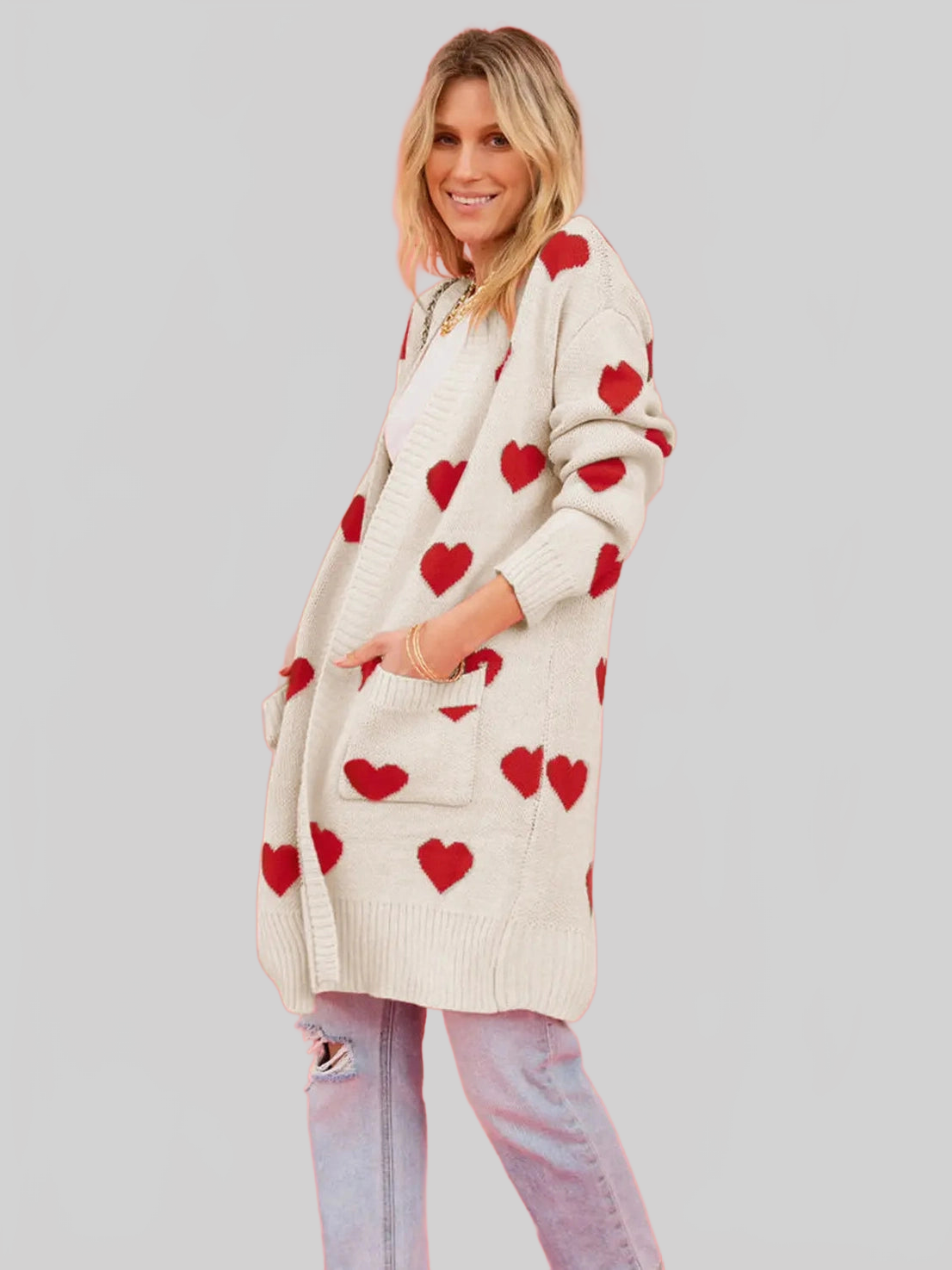Women Heart Graphic Open Front Cardigan with Pockets nicholesgifts