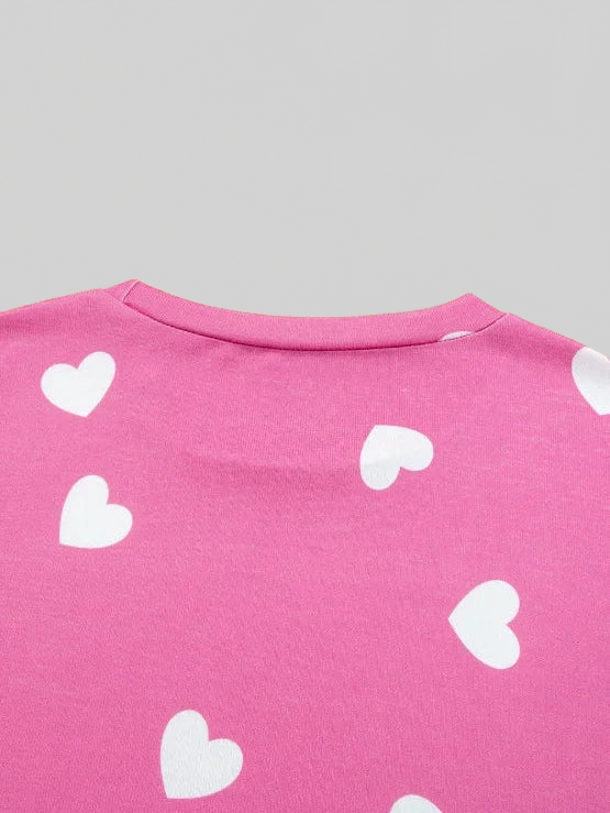 Heart Round Neck Long Sleeve Top and Elastic Waist Shorts Set nicholesgifts