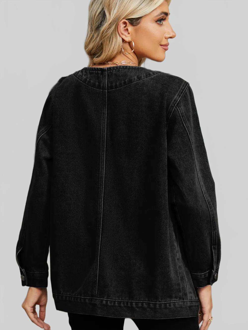 Pocketed V-Neck Button Up Denim Jacket nicholesgifts