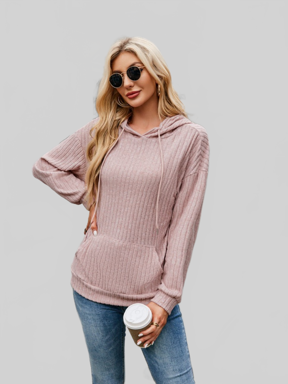 NicholesGifts Women Ribbed Drawstring Long Sleeve Hoodie nicholesgifts