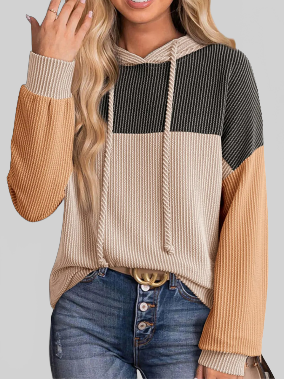 Women Drawstring Color Block Long Sleeve Hoodie NicholesGifts