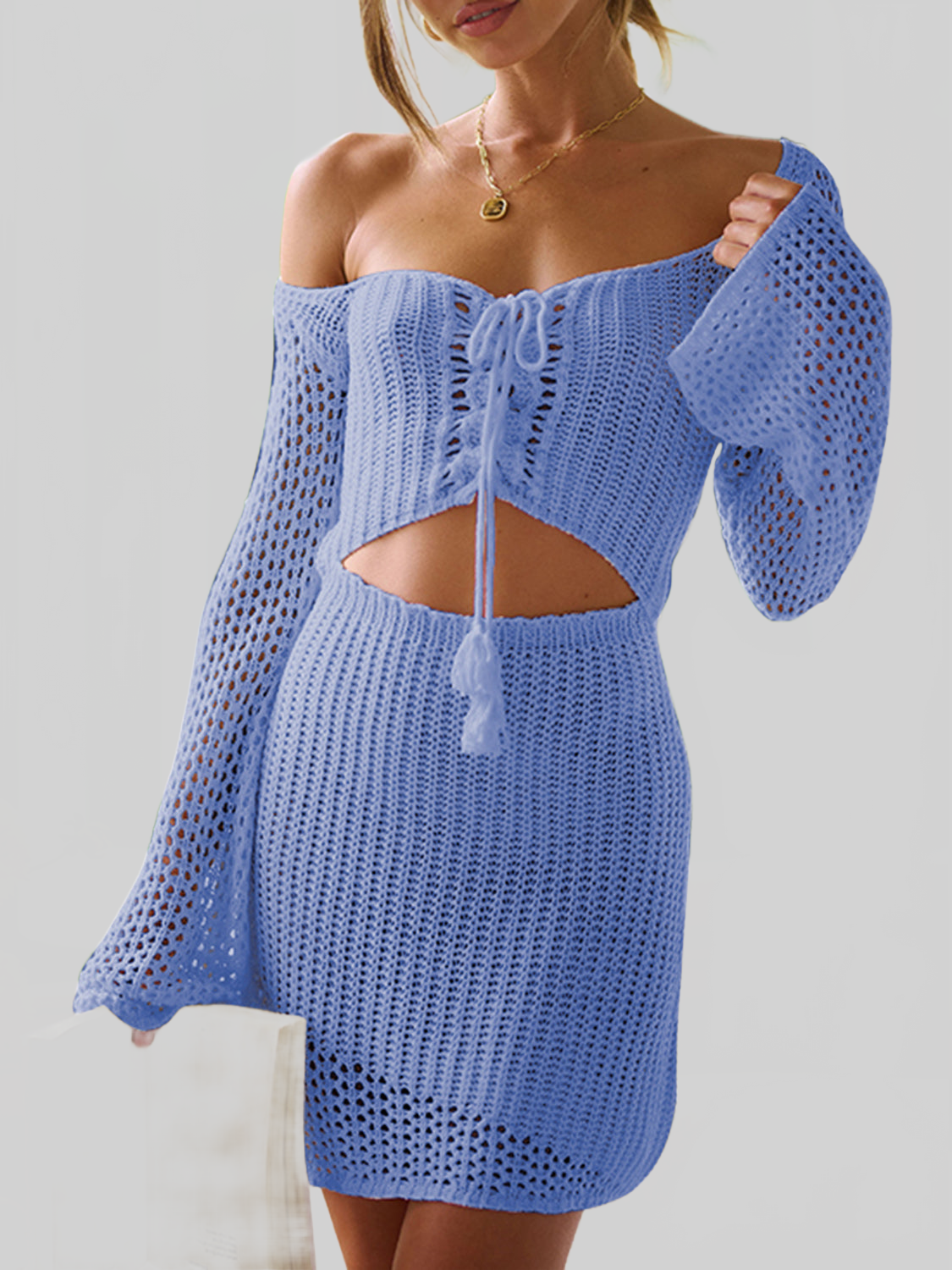 Women Cutout Lace-Up Long Sleeve Cover Up nicholesgifts