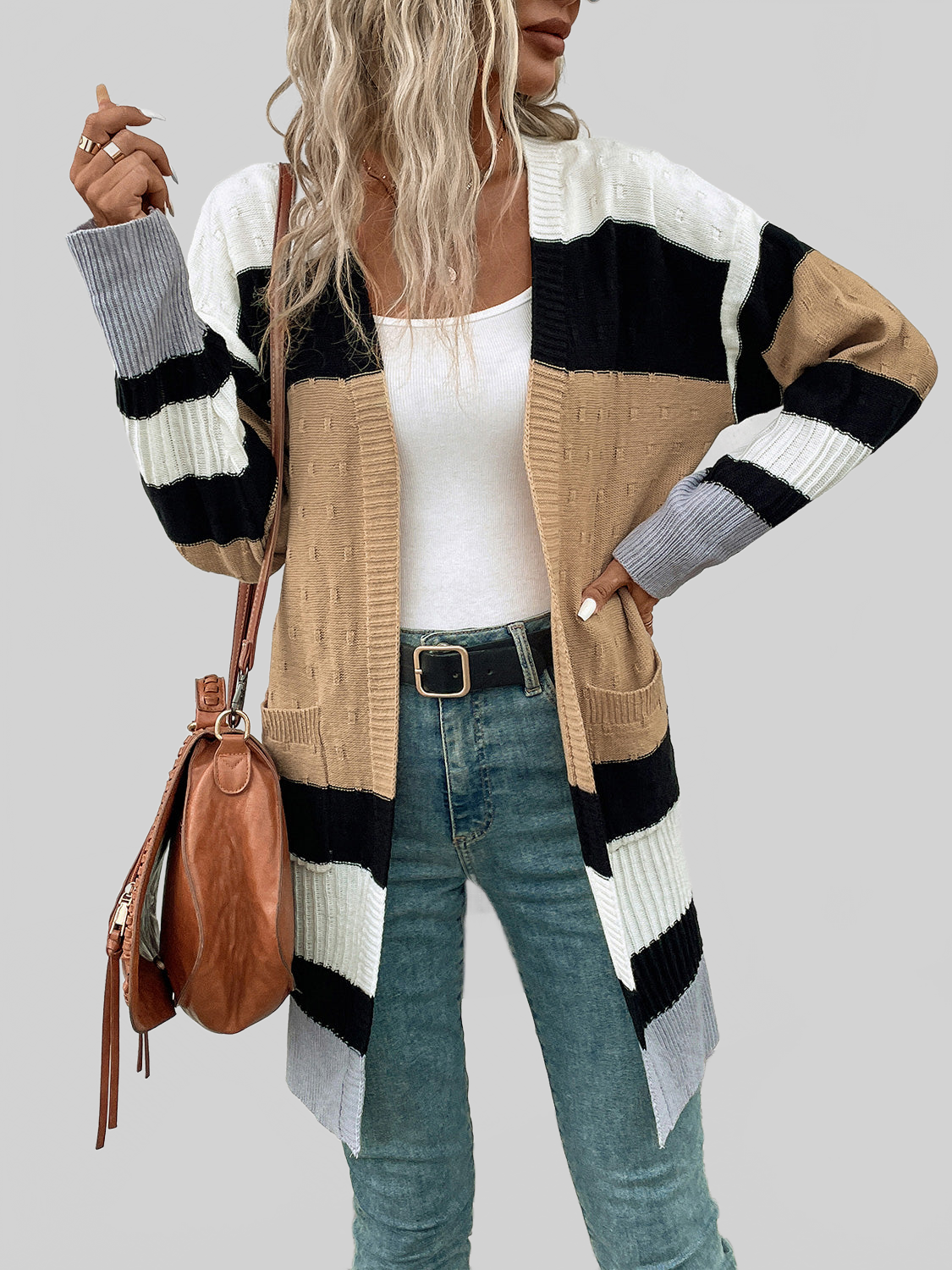 Perfee Color Block Open Front Drop Shoulder Cardigan nicholesgifts