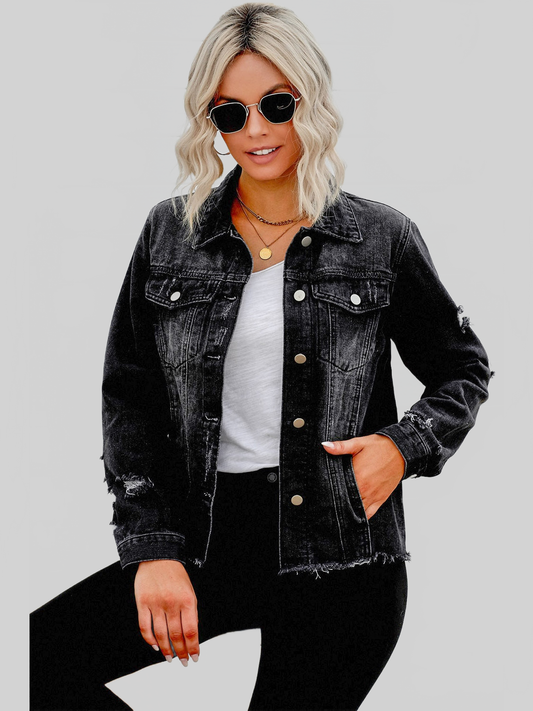 Distressed Raw Hem Denim Jacket NicholesGifts