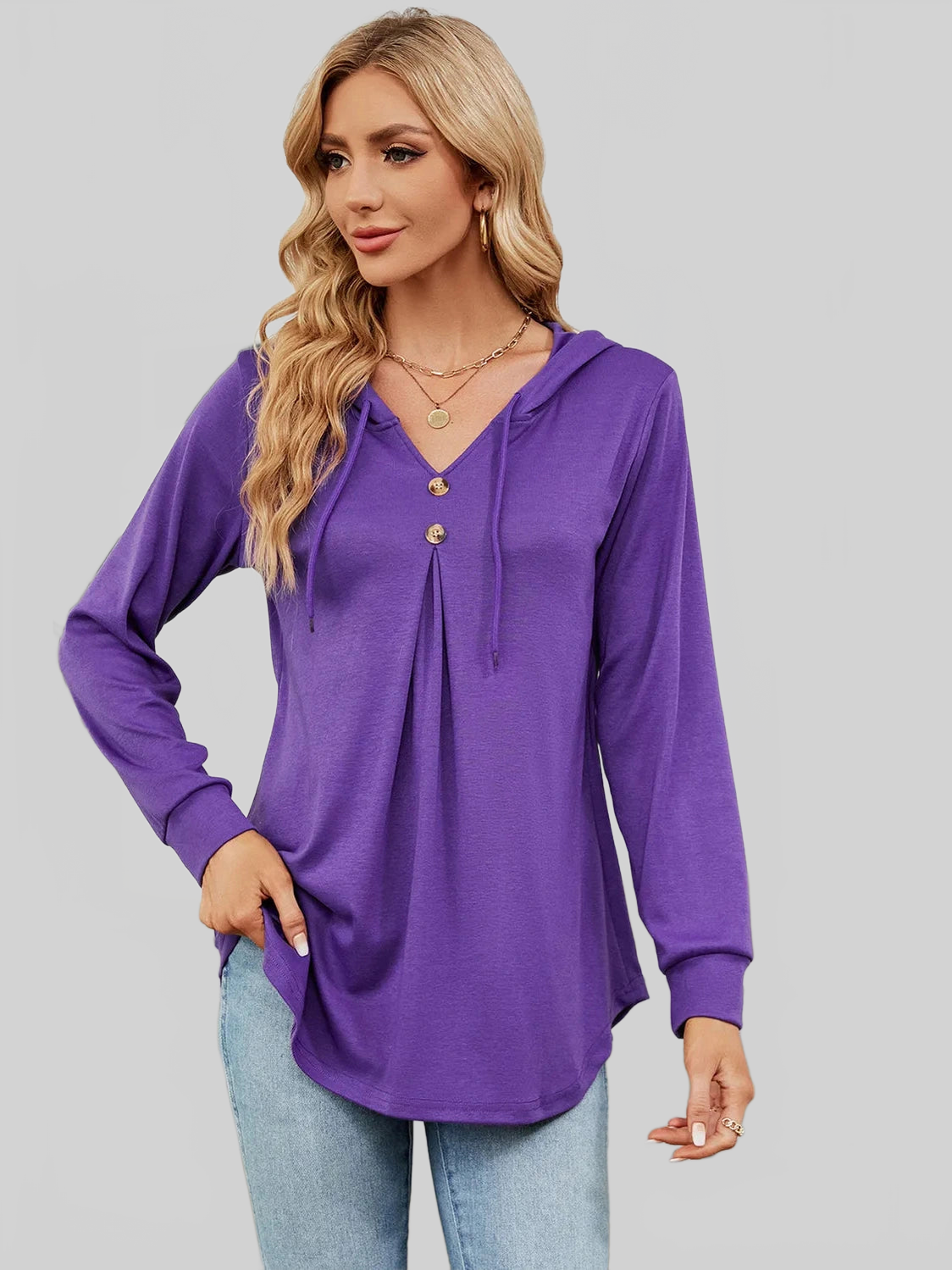 Decorative Button Drawstring Long Sleeve Hoodie NicholesGifts