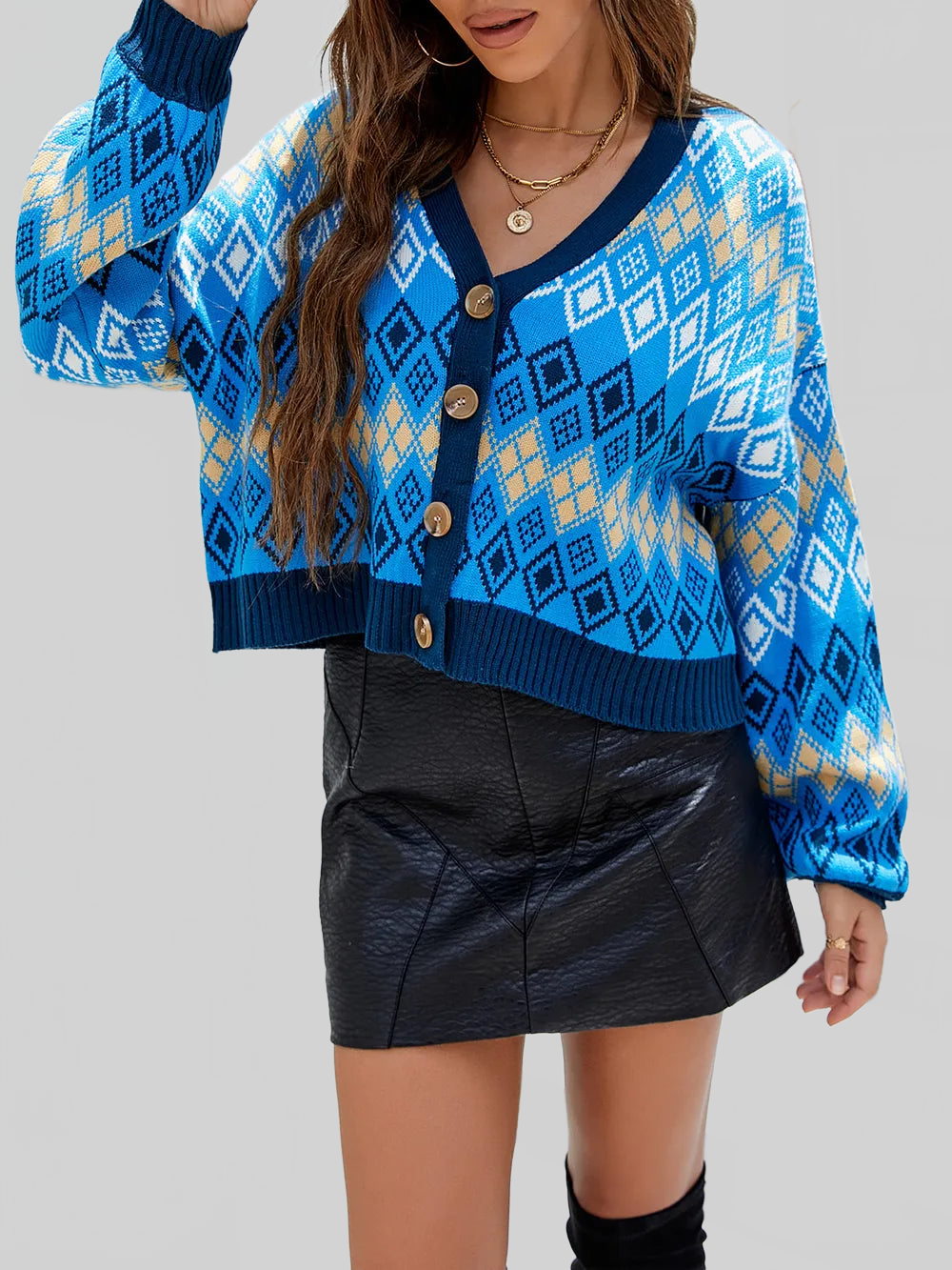 Women Geometric Button Up Dropped Shoulder Cardigan nicholesgifts