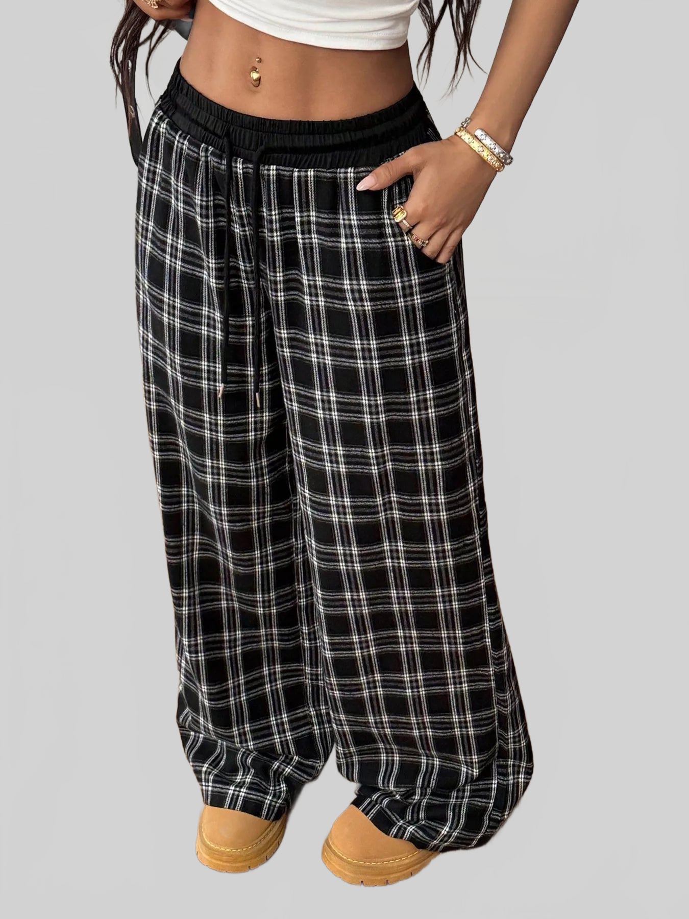 Women Plaid Wide-Leg Pants with Elastic Waistband nicholesgifts