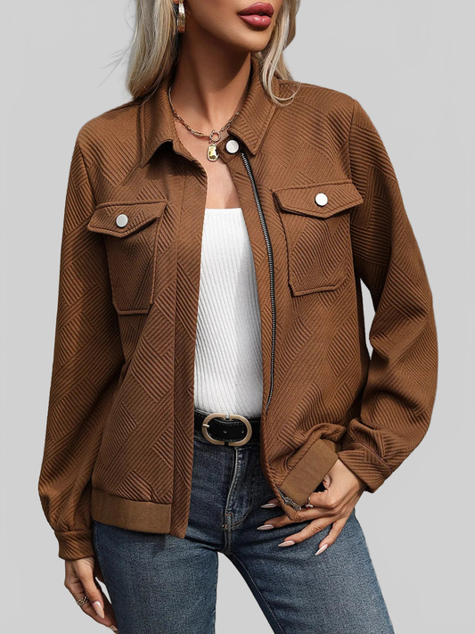 Perfee Textured Zip Up Collared Neck Jacket nicholesgifts