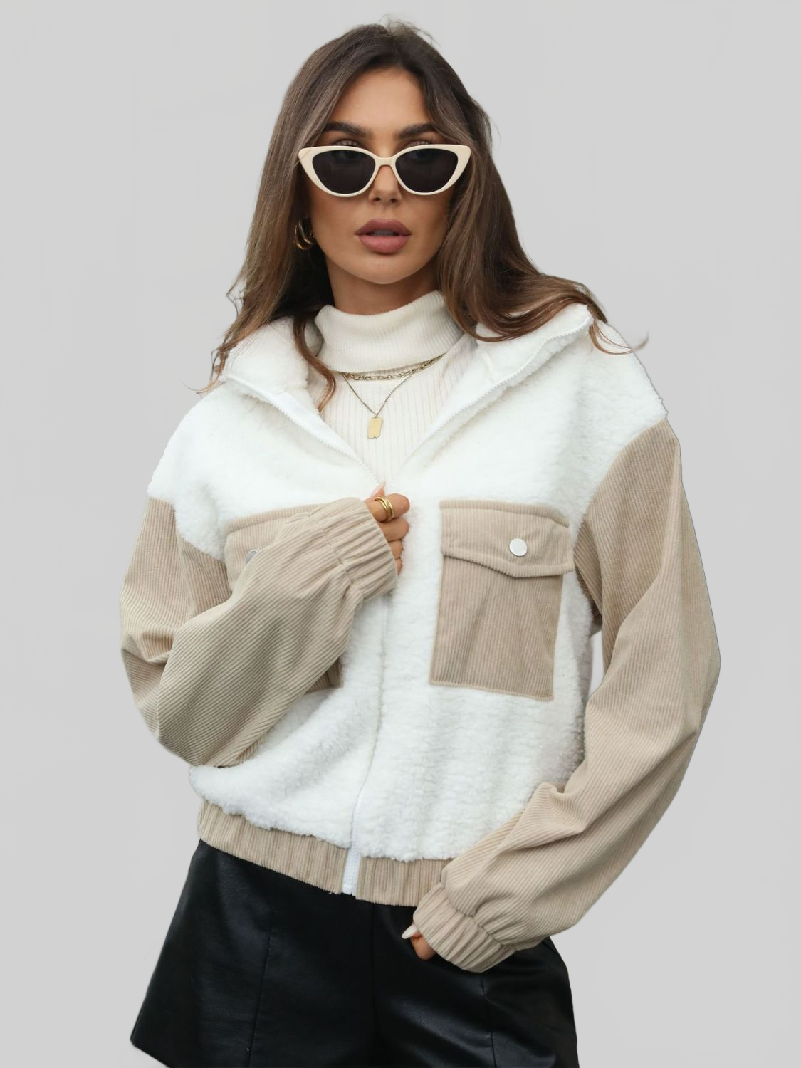 NicholesGifts Women Contrast Zip Up Long Sleeve Jacket NicholesGifts