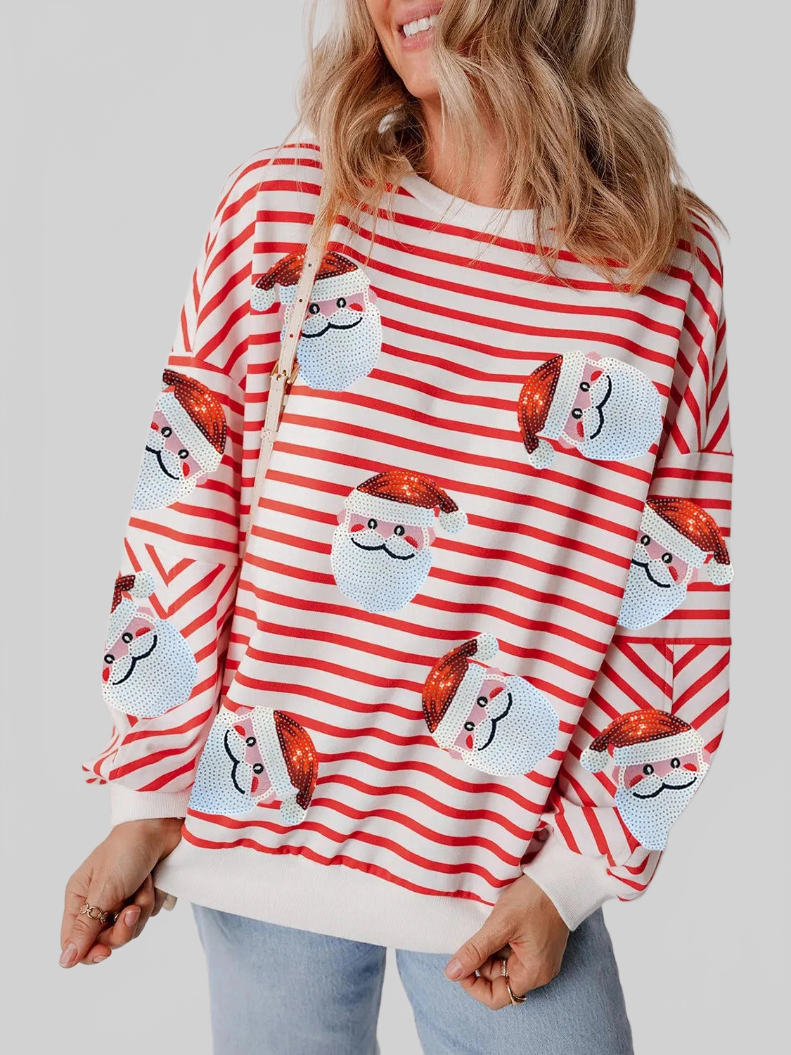 Women Christmas Sequin Santa Striped Round Neck Long Sleeve Sweatshirt nicholesgifts
