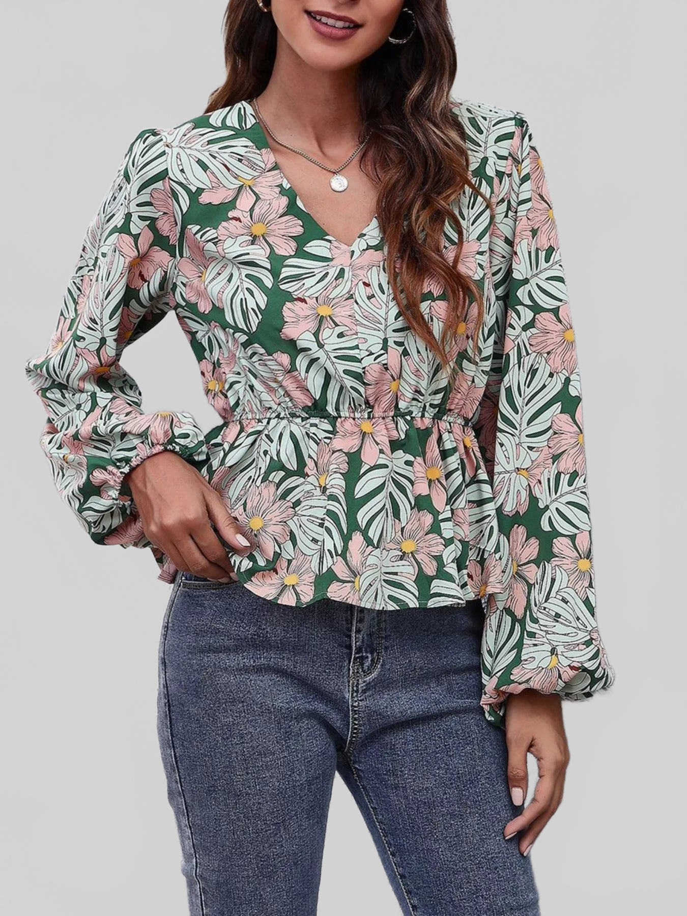 Floral V-Neck Balloon Sleeve Blouse NicholesGifts