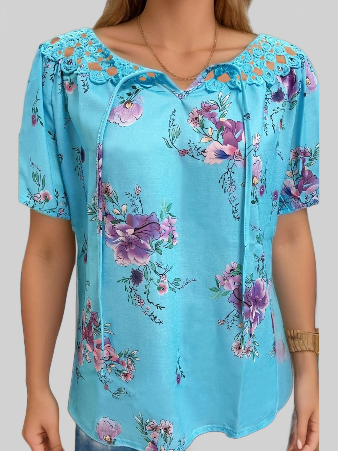 Women Full Size Printed Tie Neck Short Sleeve Blouse nicholesgifts
