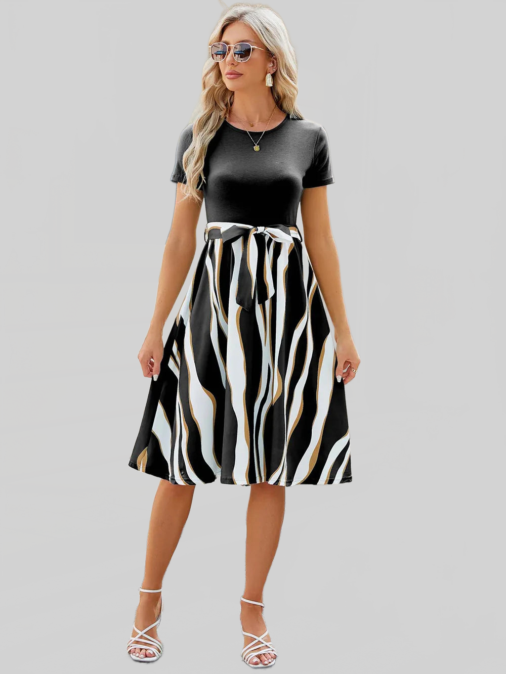 Printed Tie Waist Short Sleeve Dress nicholesgifts