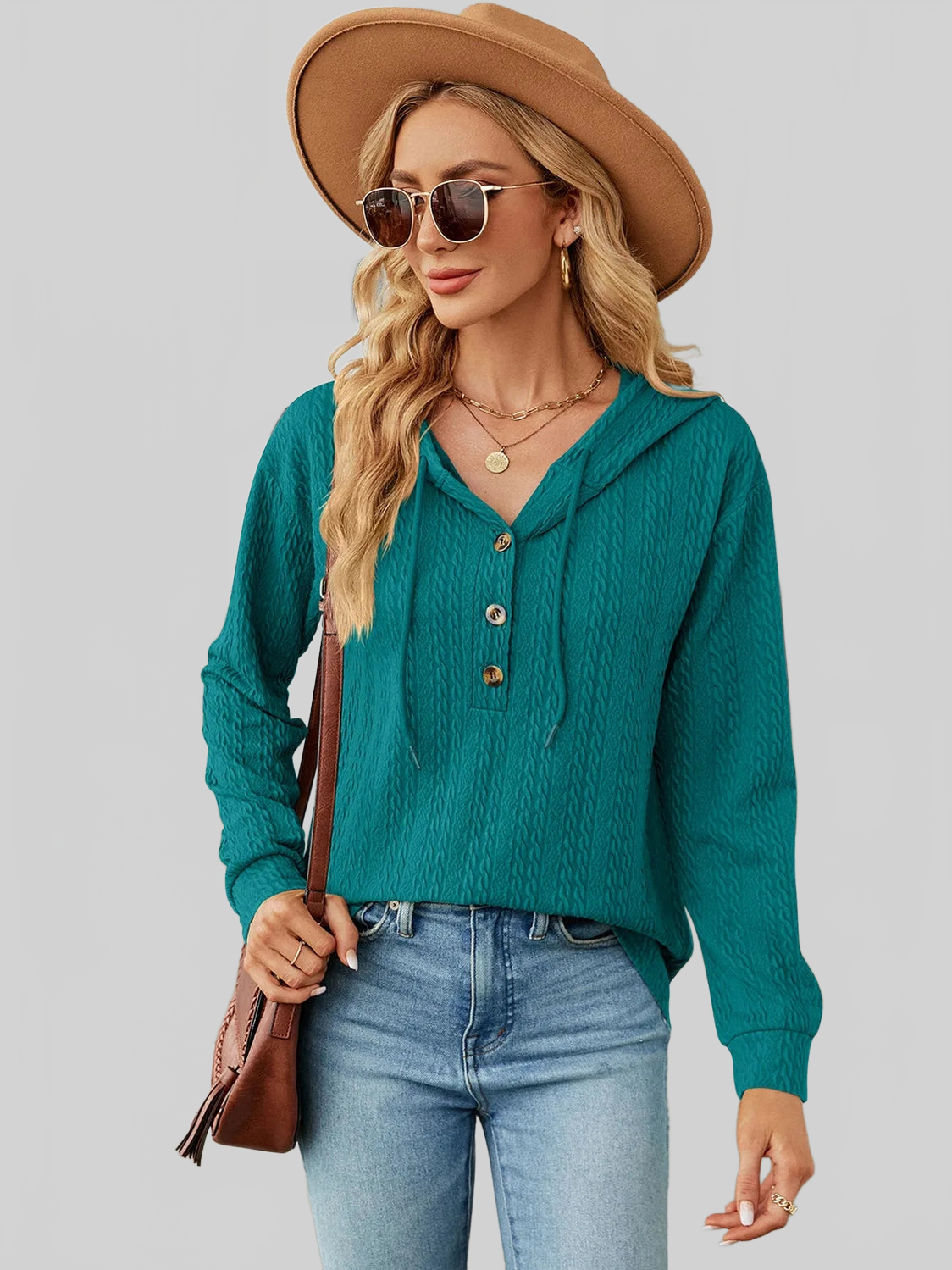 Drawstring Half Button Long Sleeve Hoodie nicholesgifts
