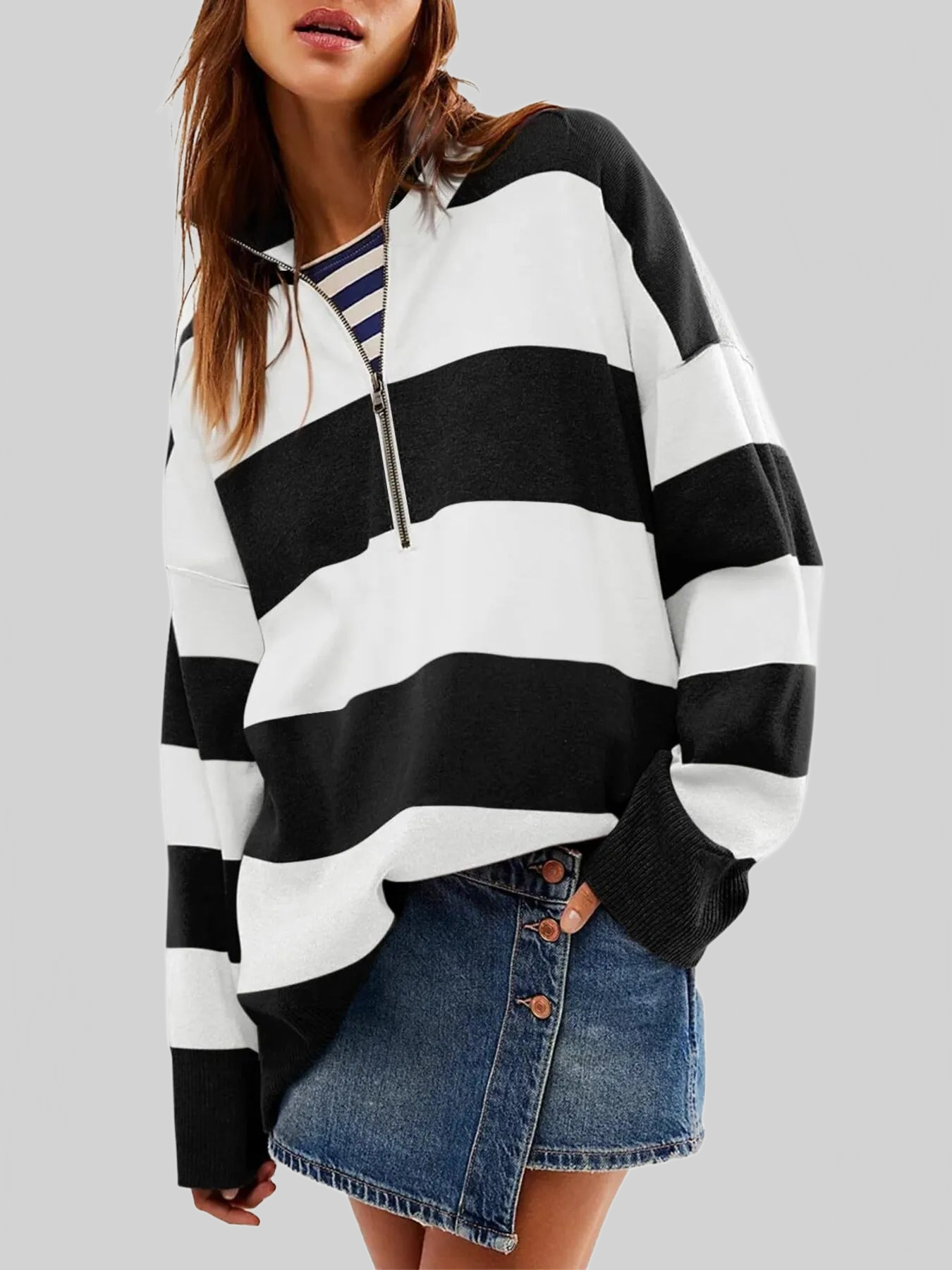 Women Striped Half-Zip Oversized Sweatshirt nicholesgifts