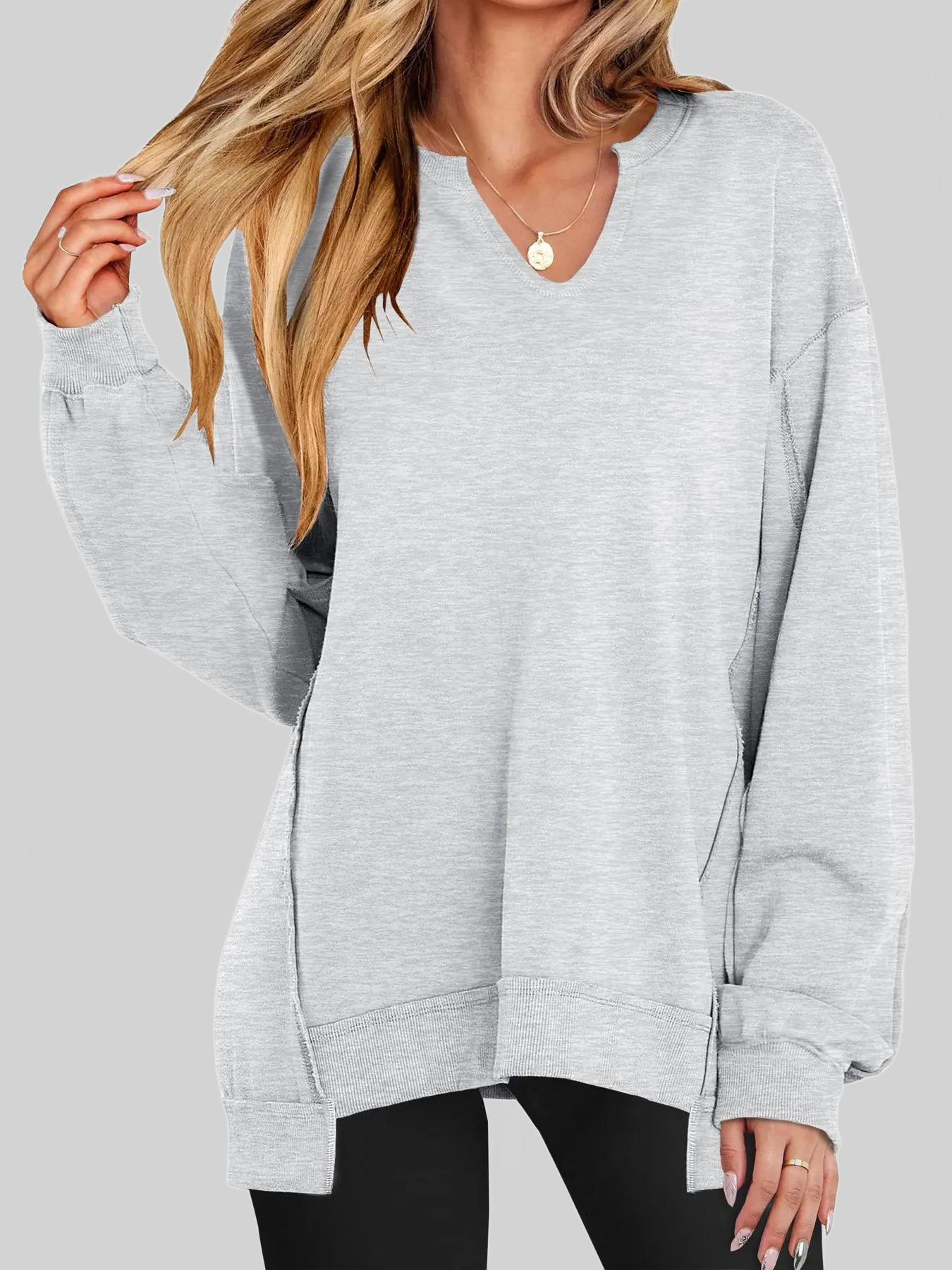 Women Notched Long Sleeve Oversized Sweatshirt nicholesgifts