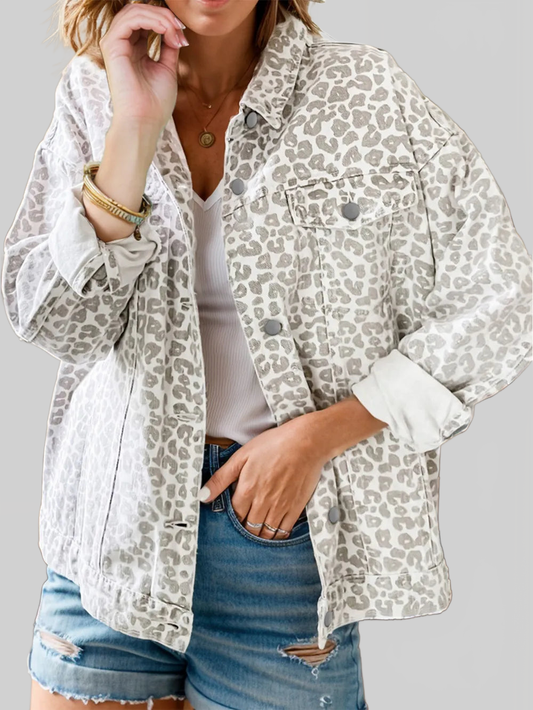 Leopard Button Up Long Sleeve Denim Jacket nicholesgifts