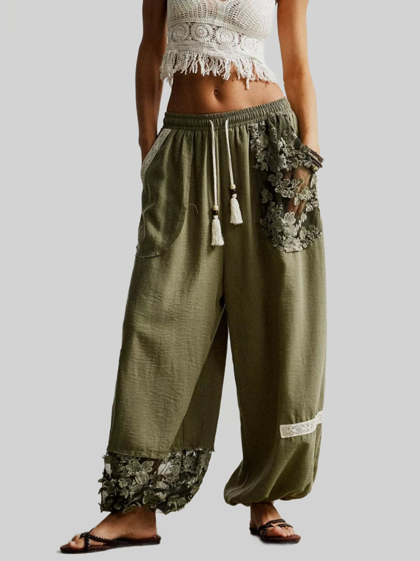 Women Lace Detail Drawstring Harem Pants nicholesgifts