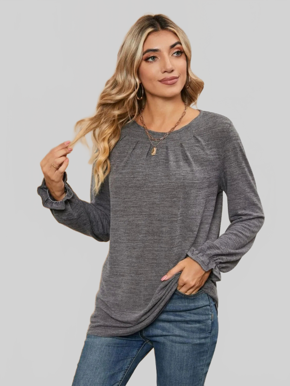 Ruched Round Neck Flounce Sleeve T-Shirt NicholesGifts