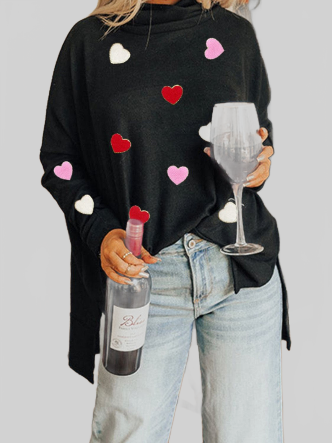 Women Valentine’s Day Heart Patched Turtleneck Long Sleeve Top NicholesGifts