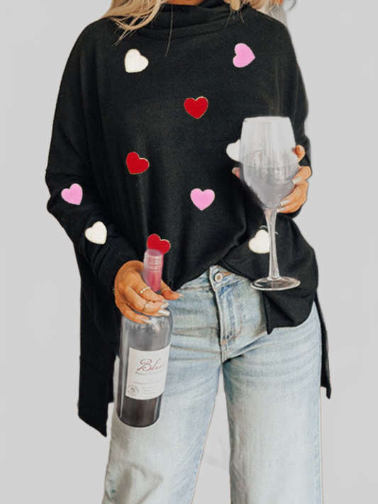 Women Valentine’s Day Heart Patched Turtleneck Long Sleeve Top NicholesGifts
