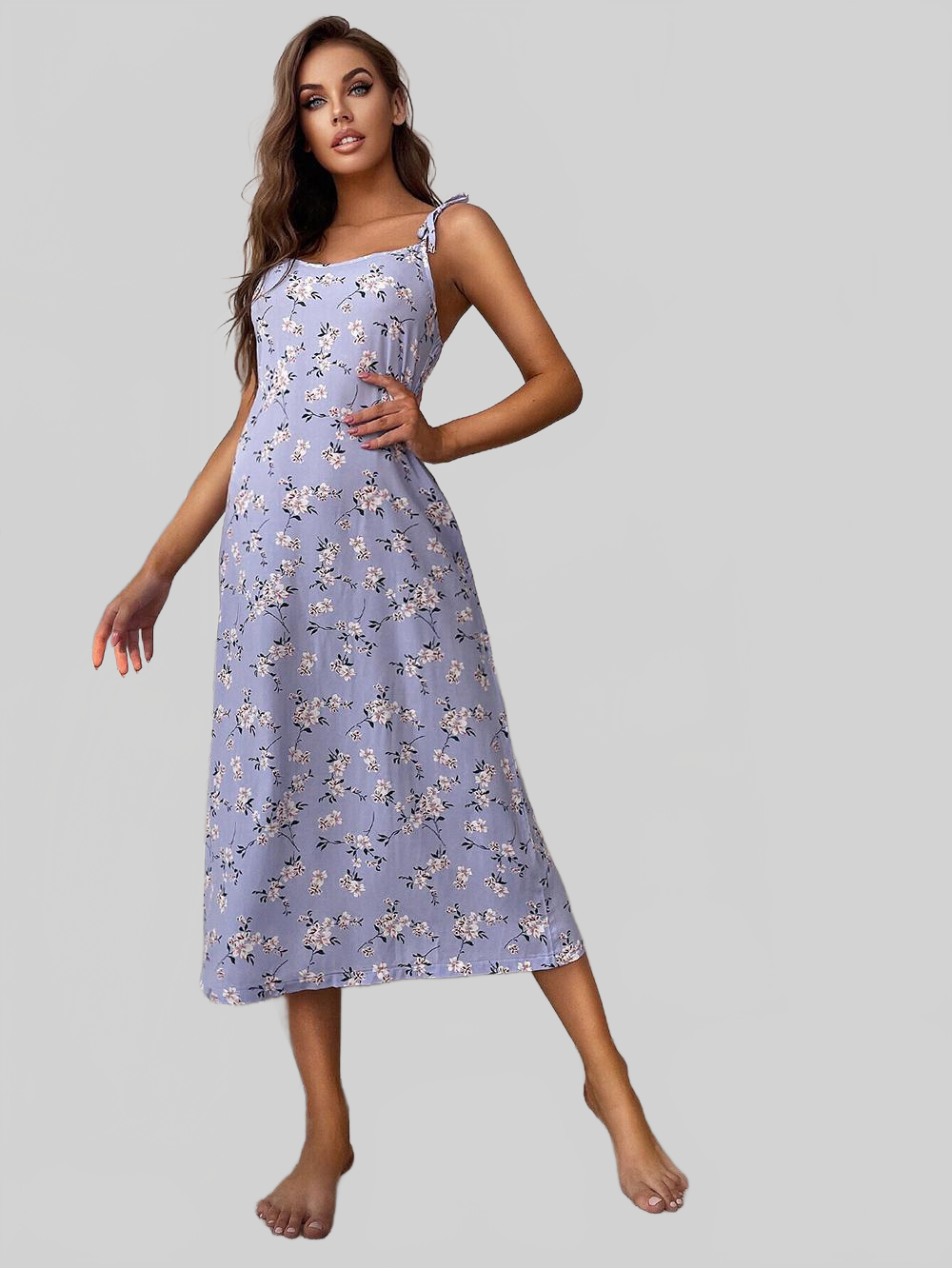 Printed Tie Shoulder Midi Night Dress nicholesgifts