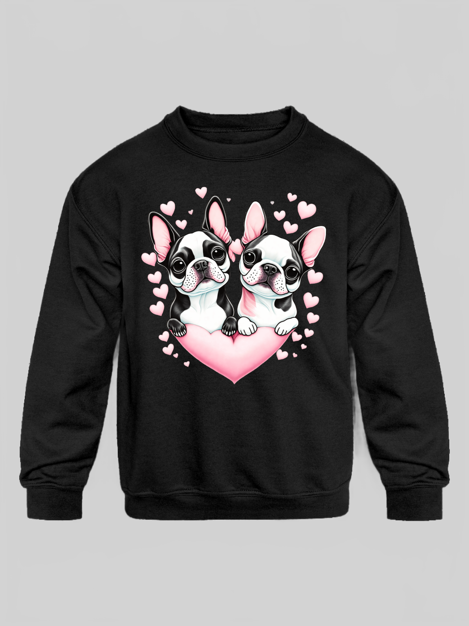 Girls Pug Dogs with Hearts Long Sleeve Crewneck Sweatshirt nicholesgifts