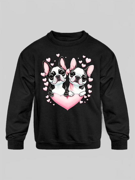 Girls Pug Dogs with Hearts Long Sleeve Crewneck Sweatshirt nicholesgifts