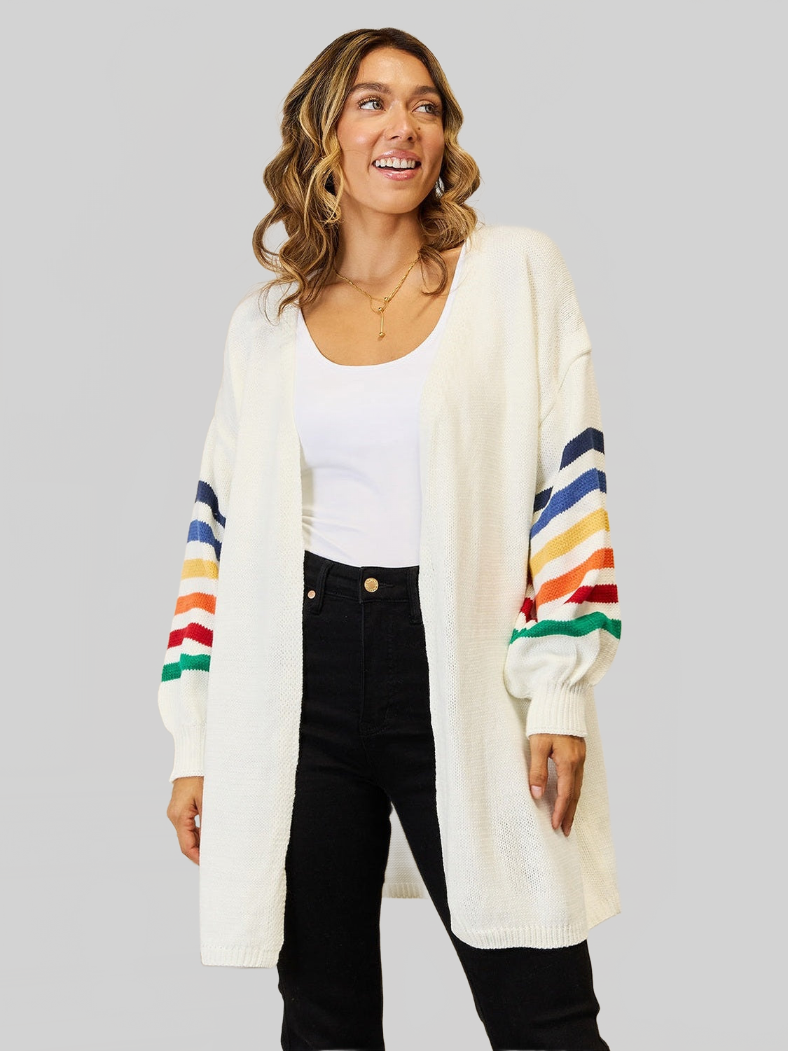 Women Striped Open Front Dropped Shoulder Cardigan NicholesGifts