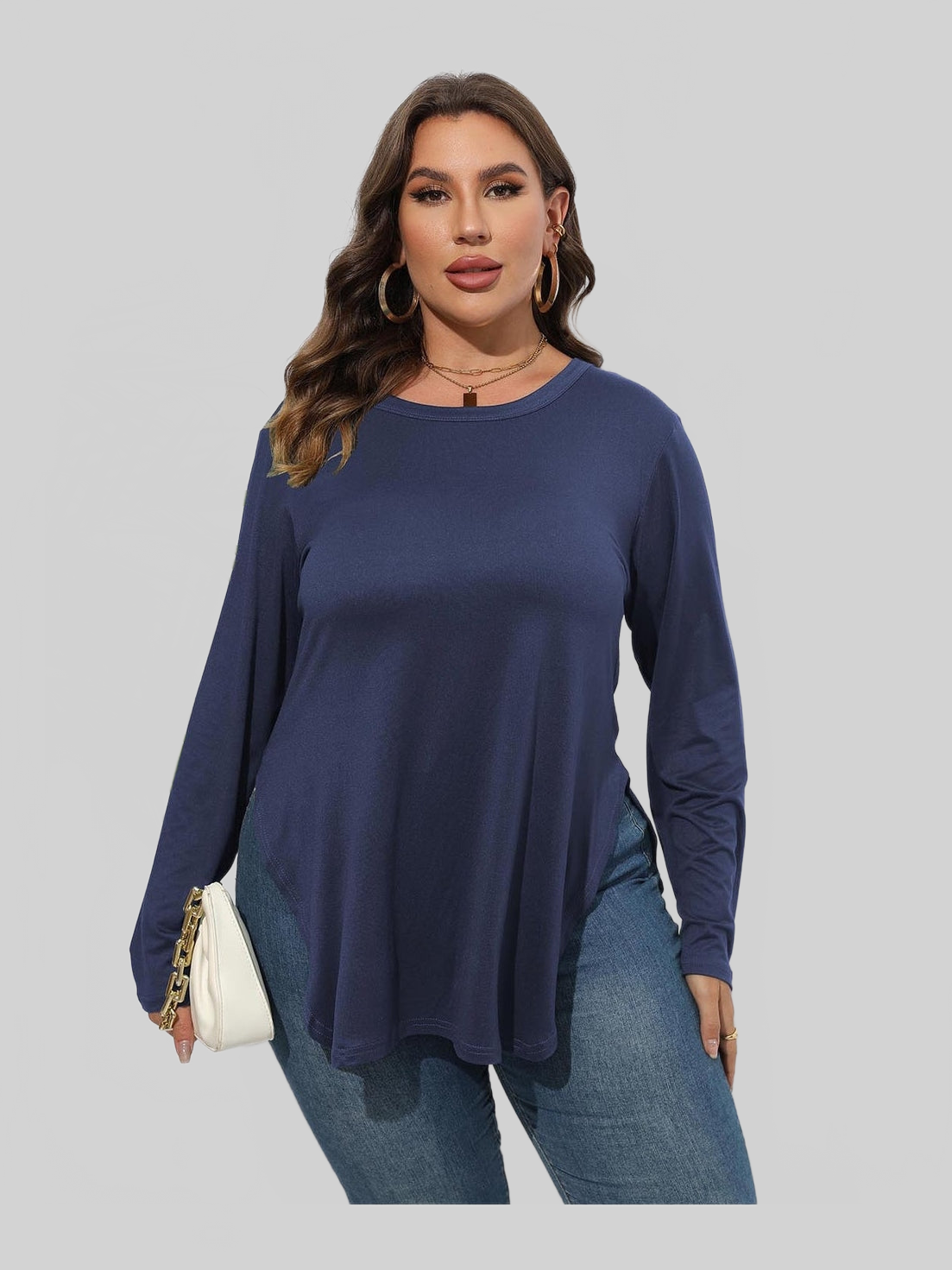 Women Plus Size Round Neck Long Sleeve Slit T-Shirt NicholesGifts