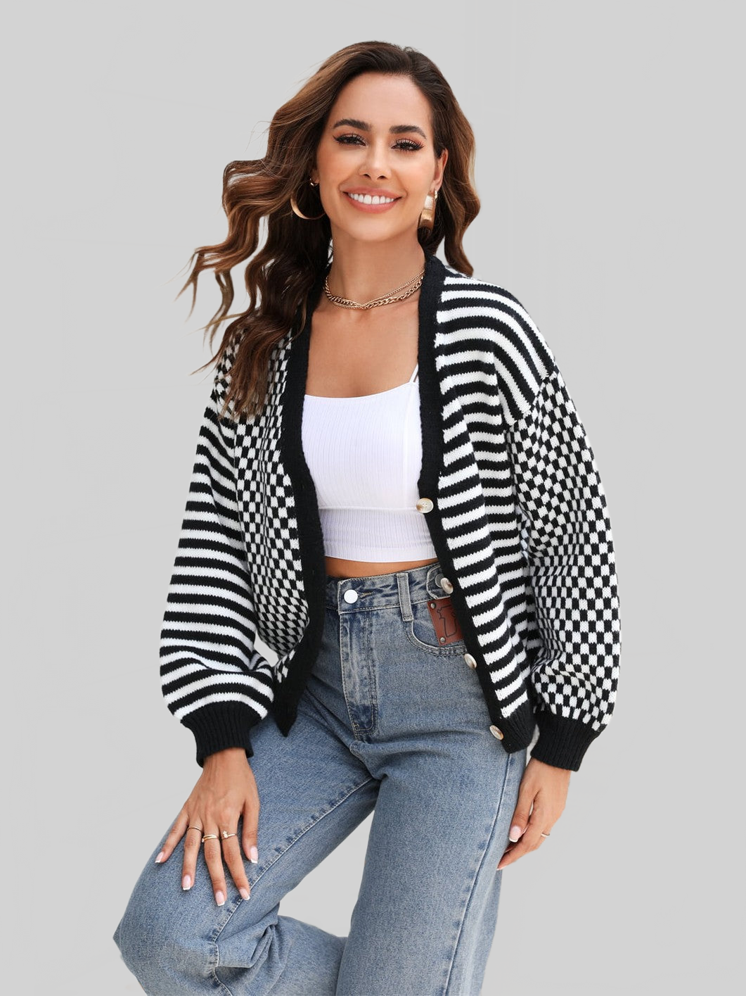 Angel Wings Button-Down Stripe & Plaid Contrast Pattern Cardigan nicholesgifts