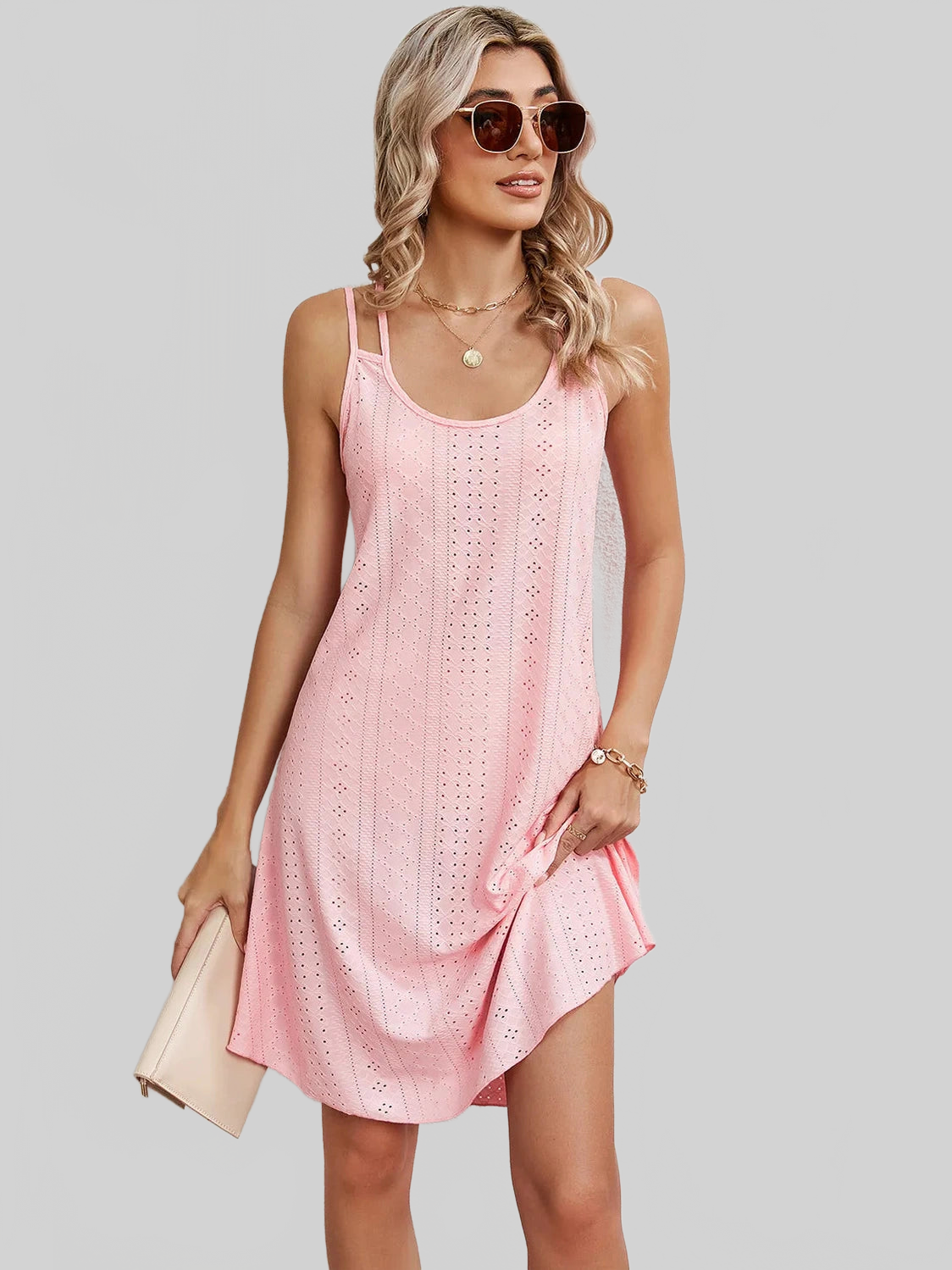 Eyelet Scoop Neck Double Strap Dress nicholesgifts