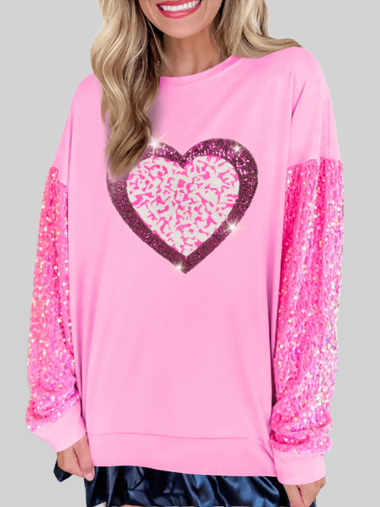 Women Valentine’s Day Sequin Heart Long Sleeve Sweatshirt NicholesGifts