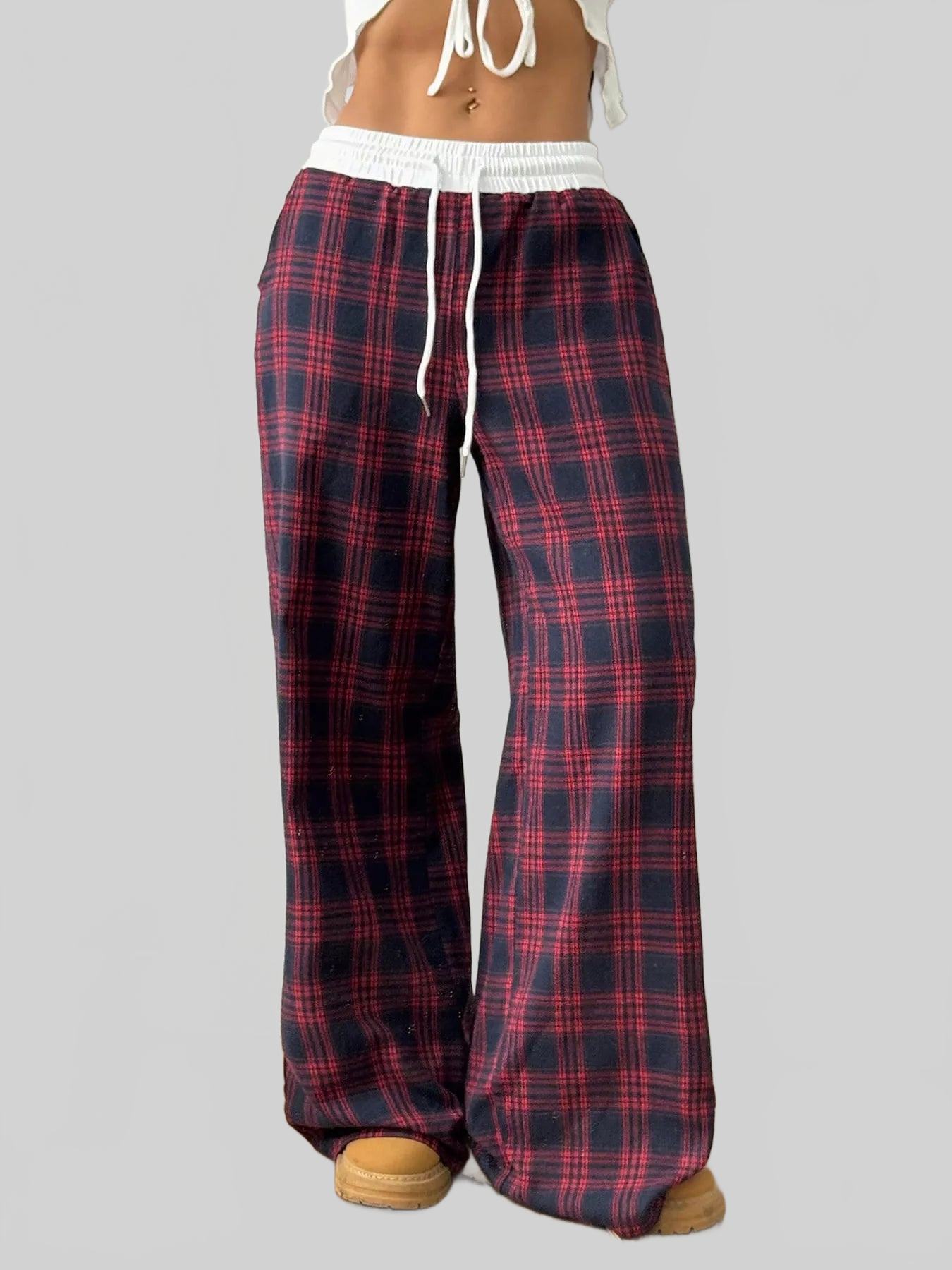 Women Plaid Wide-Leg Pants with Elastic Waistband nicholesgifts