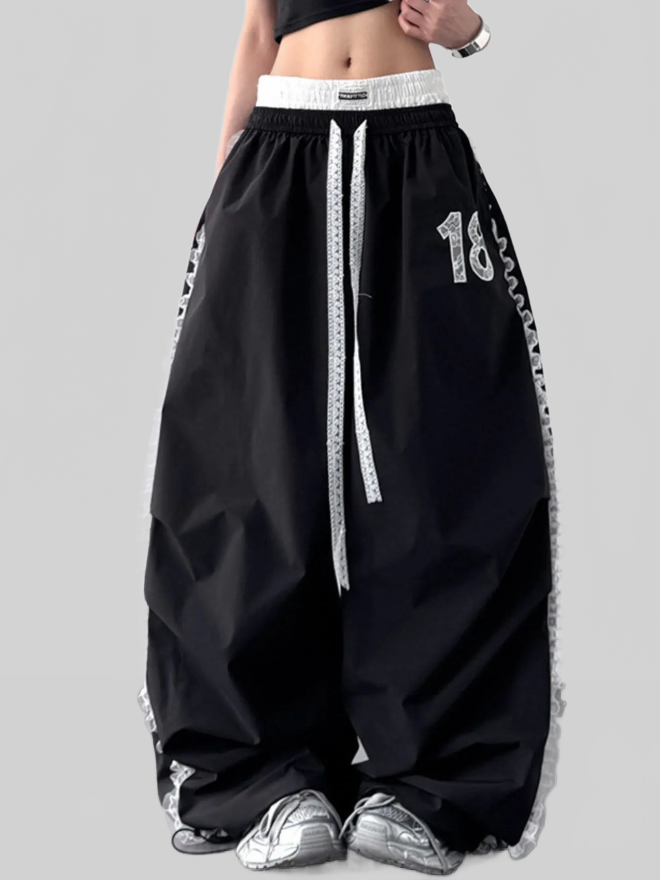Women Lace Detail Drawstring Wide Leg Pants nicholesgifts