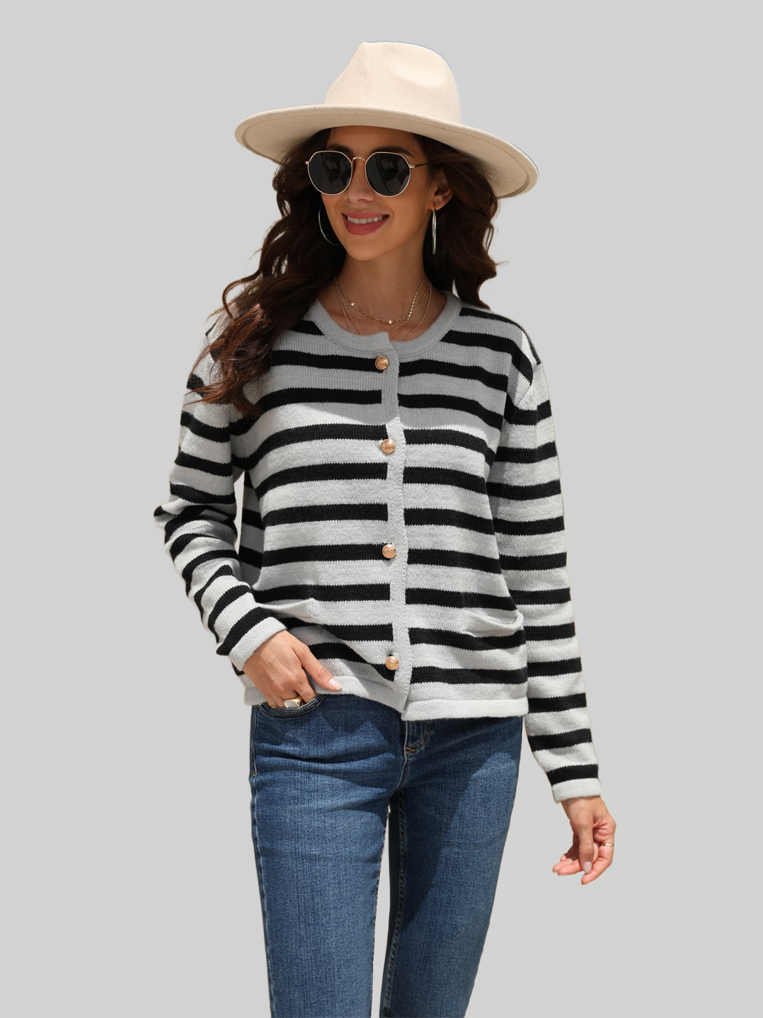 Angel Wings Striped Round Neck Button-Down Dropped Shoulder Cardigan nicholesgifts