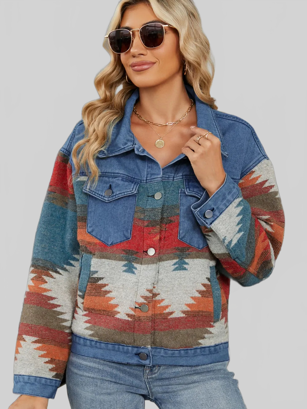 Geometric Button Up Long Sleeve Denim Jacket nicholesgifts