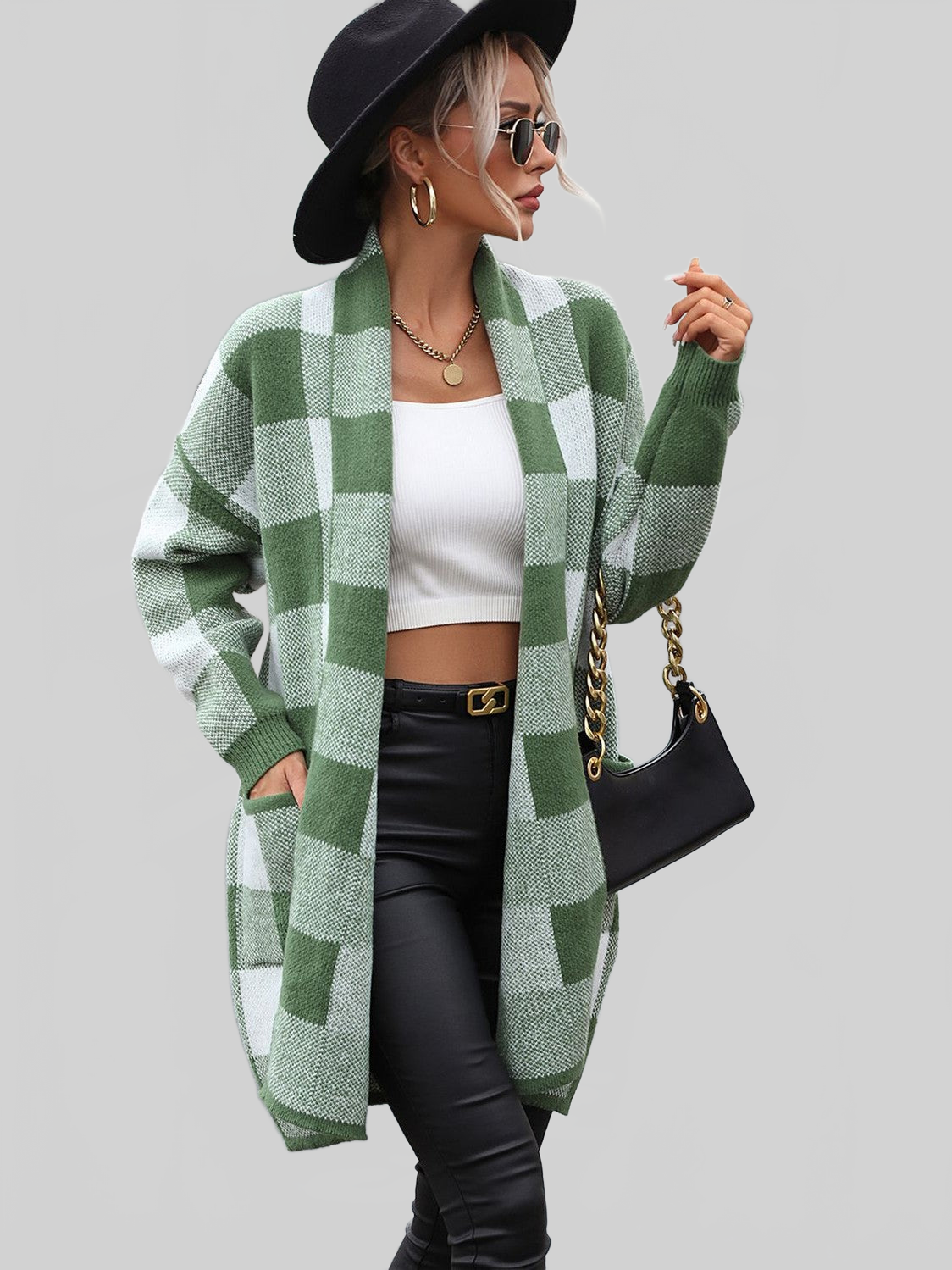 Plaid Dropped Shoulder Cardigan with Pocket nicholesgifts