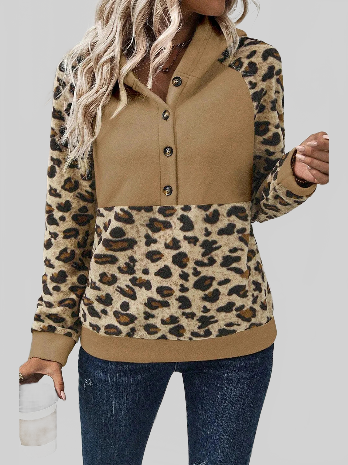 Leopard Half Button Long Sleeve Hoodie nicholesgifts