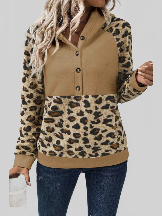 Leopard Half Button Long Sleeve Hoodie nicholesgifts